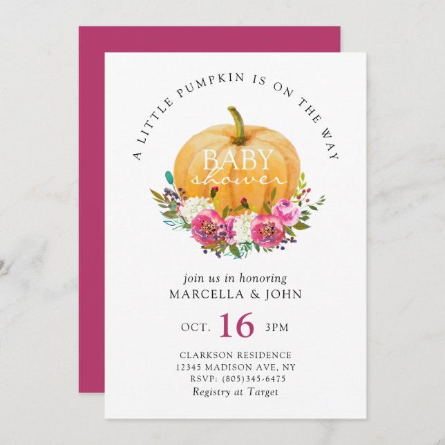 Ein kleiner Kürbis ist auf dem Weg zur Baby-Dusche Einladung (Vorne/Hinten)