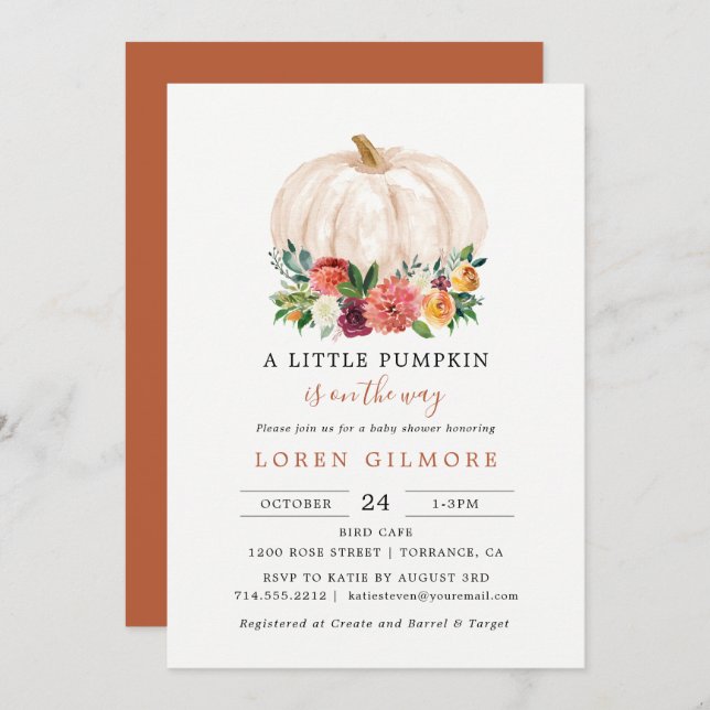 Ein kleiner Kürbis ist auf dem Weg zur Babydusche Einladung (Vorne/Hinten)