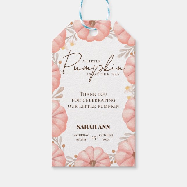 Ein kleiner Kürbis ist auf dem Weg zur Babydusche Geschenkanhänger (Vorderseite)