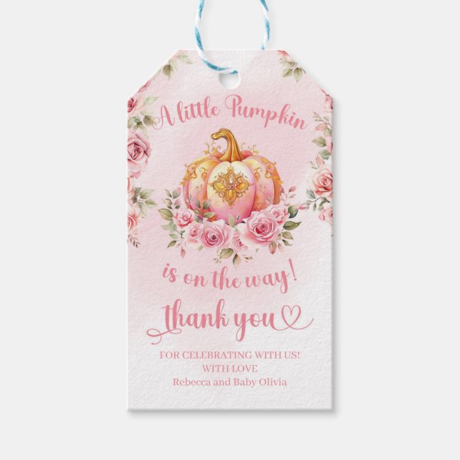 Ein kleiner Kürbis ist auf dem Weg zwischen Rosa u Geschenkanhänger (Vorderseite)