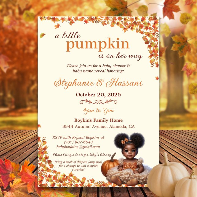 Ein kleiner Kürbis ist auf ihrem Weg nach Afro Puf Einladung (Celebrate your little pumpkin's arrival with this sweet Afro puff baby girl baby shower invitation!)