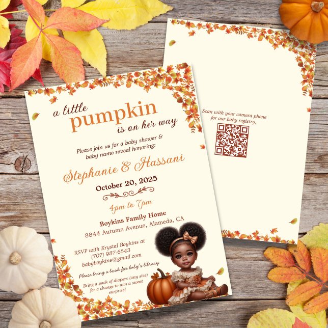 Ein kleiner Kürbis ist auf ihrem Weg nach Afro Puf Einladung (Celebrate your little pumpkin's arrival with this sweet Afro puff baby girl baby shower invitation!)