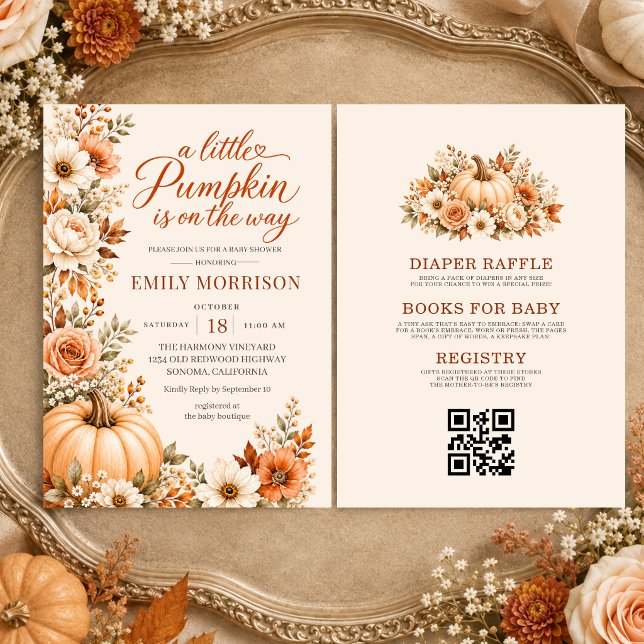 Ein kleiner Kürbis QR Code Florales Babyshower Einladung (Von Creator hochgeladen)