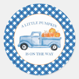 Ein kleiner Kürbisblauer LKW fällt Babydusche Runder Aufkleber