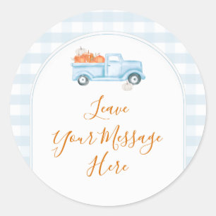 Ein kleiner Kürbisblauer LKW Gingham Ihre Nachrich Runder Aufkleber