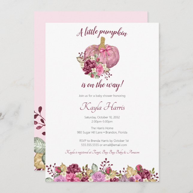 Ein kleiner Kürbisdusche & Bordeaux-Herbstdusche Einladung (Vorne/Hinten)