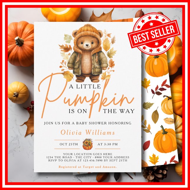Ein kleiner Kürbisfall Herbst NIEDLICHE BAR Babydu Einladung (A Little Pumpkin is on the Way Fall Autumn CUTE BEAR Baby Shower Invitation)