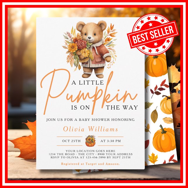 Ein kleiner Kürbisfall Herbst NIEDLICHE BAR Babydu Einladung (A Little Pumpkin is on the Way Fall Autumn CUTE BEAR Baby Shower Invitation)