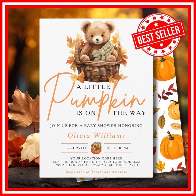 Ein kleiner Kürbisfall Herbst NIEDLICHE BAR Babydu Einladung (A Little Pumpkin is on the Way Fall Autumn CUTE BEAR Baby Shower Invitation)