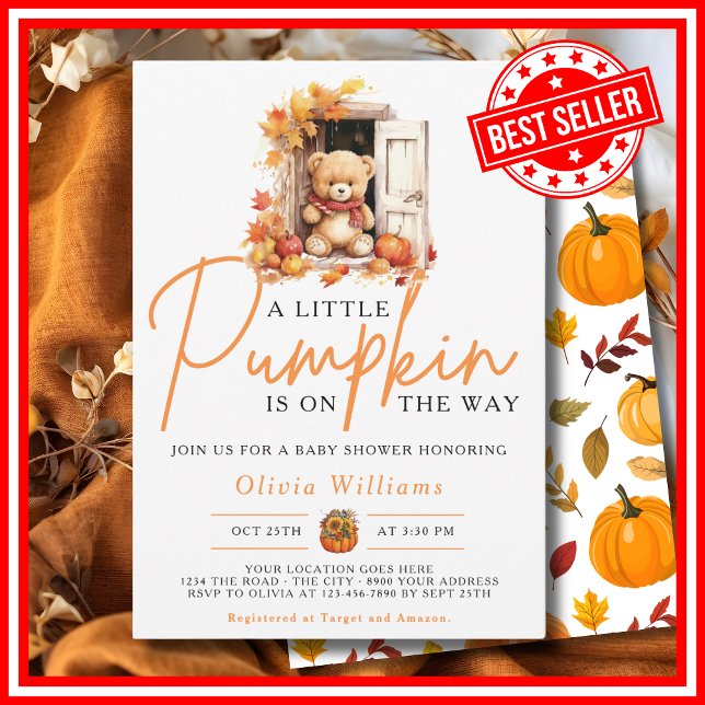 Ein kleiner Kürbisfall Herbst NIEDLICHE BAR Babydu Einladung (A Little Pumpkin is on the Way Fall Autumn CUTE BEAR Baby Shower Invitation)