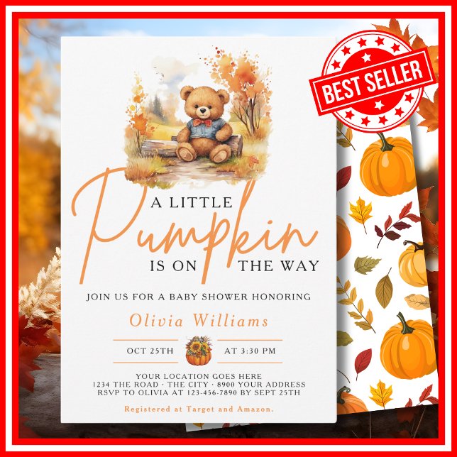 Ein kleiner Kürbisfall Herbst NIEDLICHE BAR Babydu Einladung (A Little Pumpkin is on the Way Fall Autumn CUTE BEAR Baby Shower Invitation)