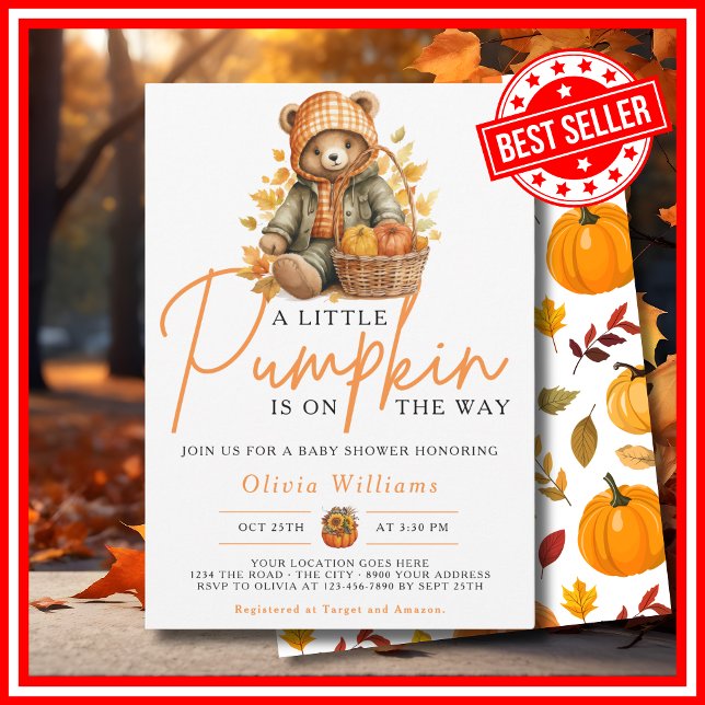 Ein kleiner Kürbisfall Herbst NIEDLICHE BAR Babydu Einladung (A Little Pumpkin is on the Way Fall Autumn CUTE BEAR Baby Shower Invitation)