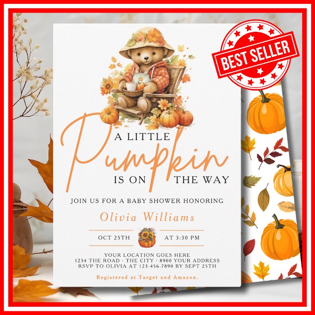Ein kleiner Kürbisfall Herbst NIEDLICHE BAR Babydu Einladung (A Little Pumpkin is on the Way Fall Autumn CUTE BEAR Baby Shower Invitation)