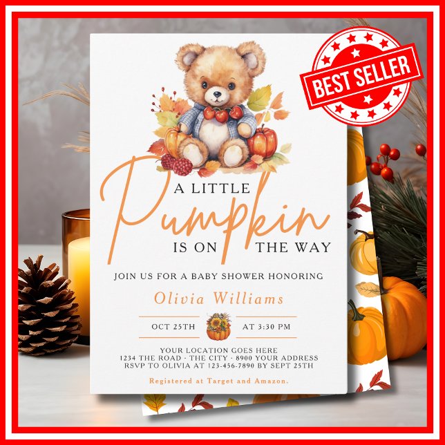 Ein kleiner Kürbisfall Herbst NIEDLICHE BAR Babydu Einladung (A Little Pumpkin is on the Way Fall Autumn CUTE BEAR Baby Shower Invitation)