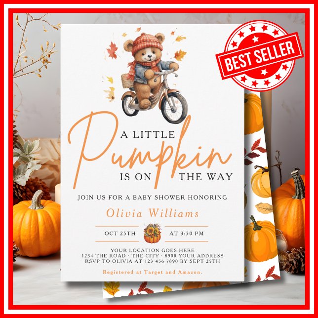 Ein kleiner Kürbisfall Herbst NIEDLICHE BAR Babydu Einladung (A Little Pumpkin is on the Way Fall Autumn CUTE BEAR Baby Shower Invitation)
