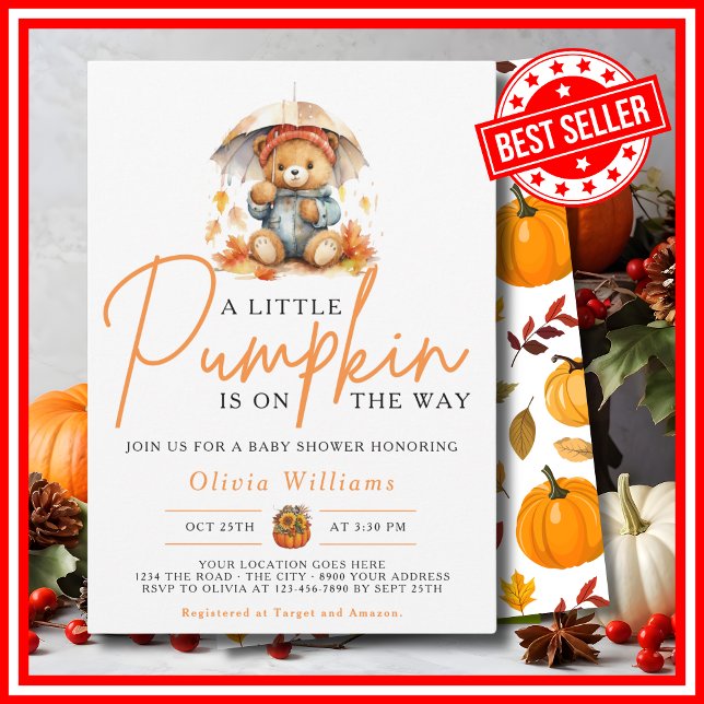 Ein kleiner Kürbisfall Herbst NIEDLICHE BAR Babydu Einladung (A Little Pumpkin is on the Way Fall Autumn CUTE BEAR Baby Shower Invitation)