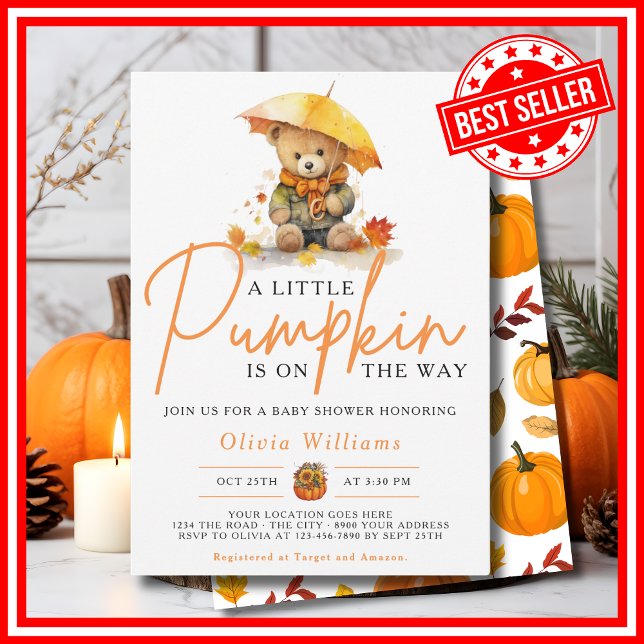Ein kleiner Kürbisfall Herbst NIEDLICHE BAR Babydu Einladung (A Little Pumpkin Fall Autumn CUTE BEAR Baby Shower Invitation)