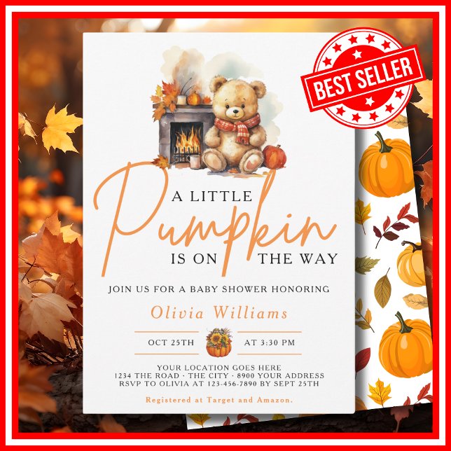 Ein kleiner Kürbisfall Herbst NIEDLICHE BAR Babydu Einladung (A Little Pumpkin is on the Way Fall Autumn CUTE BEAR Baby Shower Invitation)