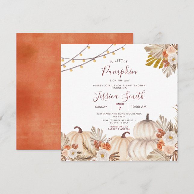 Ein kleiner Kürbisfall in der Liebe Babydusche Einladung (Vorne/Hinten)