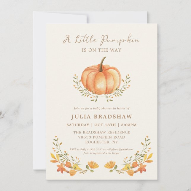 Ein kleiner Kürbisfall | Neutrale Babydusche für G Einladung (Vorderseite)