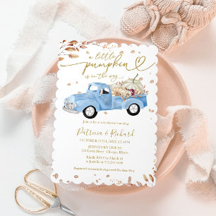Ein kleiner Kürbisjunge Baby Shower Blaues Lastwag Einladung
