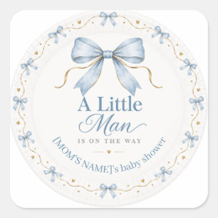 Ein kleiner Mann Dusty Blue Schleife Baby Junge Sh Quadratischer Aufkleber