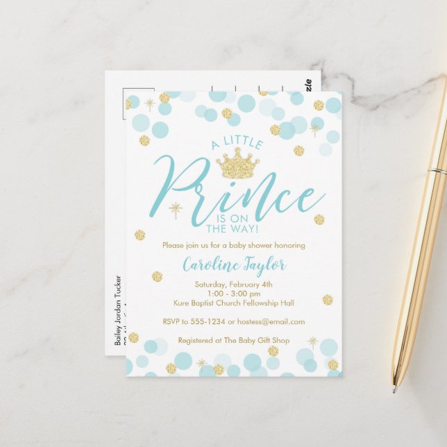 Ein kleiner Prince Baby Dusche Blue Gold Glitzer Postkarte (Vorderseite/Rückseite Beispiel)