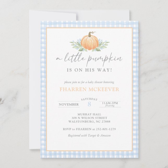 Ein kleiner Pumpkin | Gingham | Baby Shower Einlad Einladung (Vorderseite)