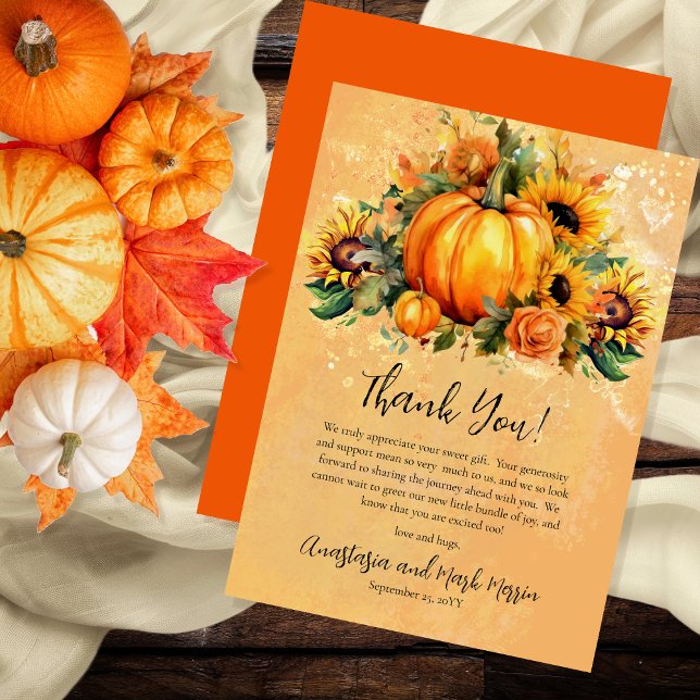 Ein kleiner Pumpkin | Sonnenblumen Herbstdusche Dankeskarte ("A Little Pumpkin Is On The Way" Pumpkins, Sunflowers and Apricot Roses Baby Shower Thank You Card)