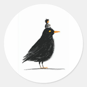 Ein kleiner Reiter auf einem schwarzen Vogel Kla Runder Aufkleber