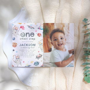 Ein kleiner Schritt   Weltraumtiere 1. Geburtstag  Einladung