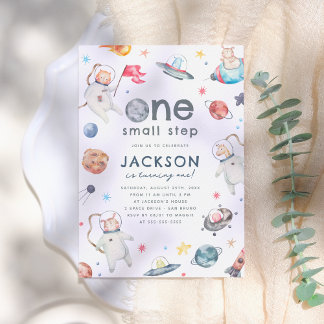 Ein kleiner Schritt | Weltraumtiere 1. Geburtstag  Einladung
