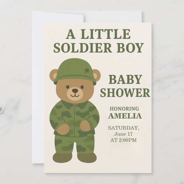 Ein kleiner Soldat Junge Teddy Bear Babydusche läd Einladung (Vorderseite)