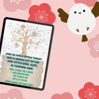 Ein kleiner Tweet, Vögel Aquarell 1. Geburtstag Einladung
