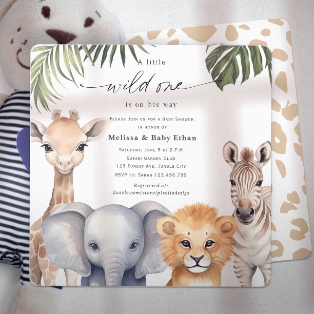 Ein kleiner Wild One ist auf dem Weg Safari Baby D Einladung (Wild One Safari Baby Animals, Baby BoyShower. A wild One is on Her way, A Cute Baby Shower invite.)