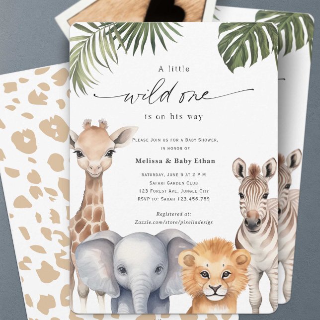 Ein kleiner Wilder, Safari Animals Baby Boy Dusche Einladung (Wild One Safari Baby Animals, Baby Boy Shower. A wild One is on Her way, A Cute Baby Shower invite.)