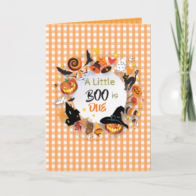 Ein kleines Boo ist fällig Orange Gingham QR Code  Einladung (Vorderseite)