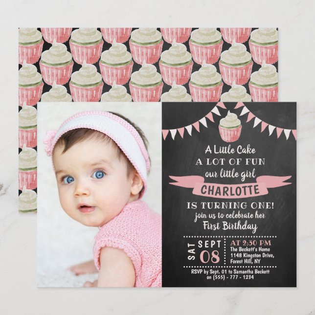 Ein kleines Cake Chalkboard Foto 1. Geburtstag Einladung (Vorne/Hinten)
