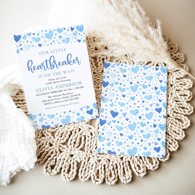 Ein kleines HeartBreaker Blue Valentine Baby Dusch Einladung (Watercolor Cute A Little Heartbreaker Blue Hearts Baby Boy Valentine Baby Shower Invitation)
