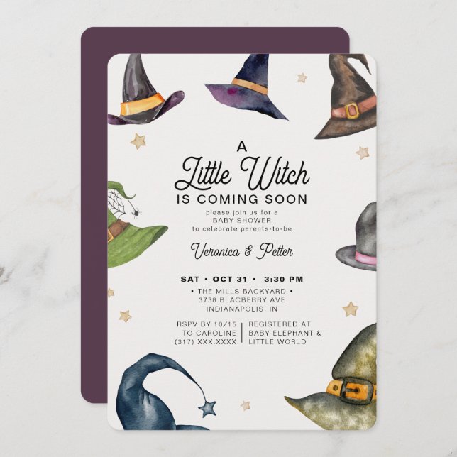 Ein kleines Hexenmädchen Lila Halloween-Kinderdusc Einladung (Vorne/Hinten)