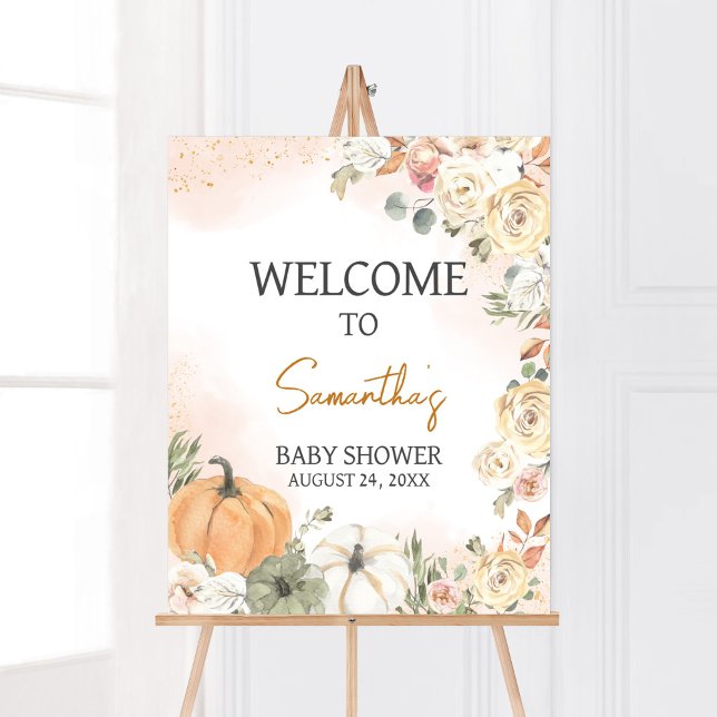 Ein kleines Kürbis-Fall-Baby-Duschbad Poster (Fall Floral Pumpkin Baby Shower Welcome Sign)
