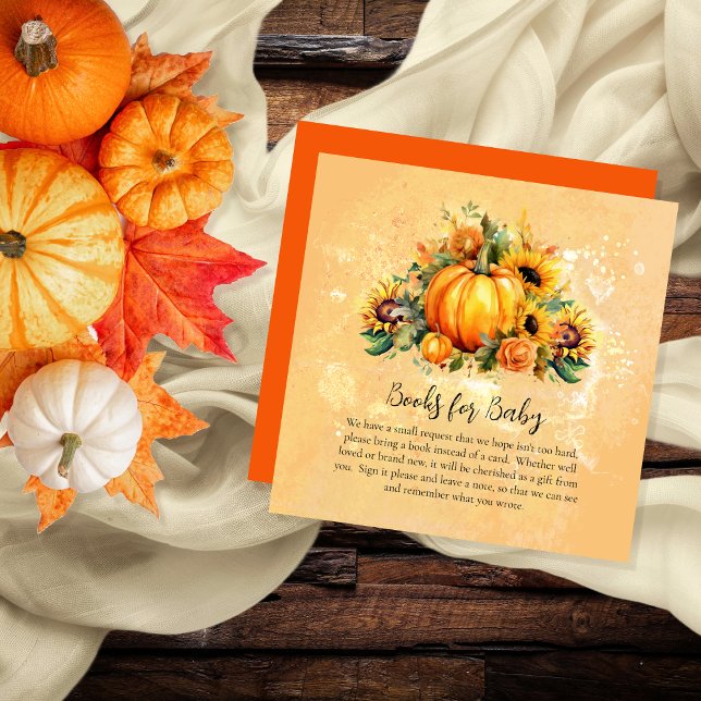 Ein kleines Kürbisblütenbuch für Baby Begleitkarte (Pumpkins, Sunflowers and Apricot Roses Baby Shower "Books for Baby" Card)