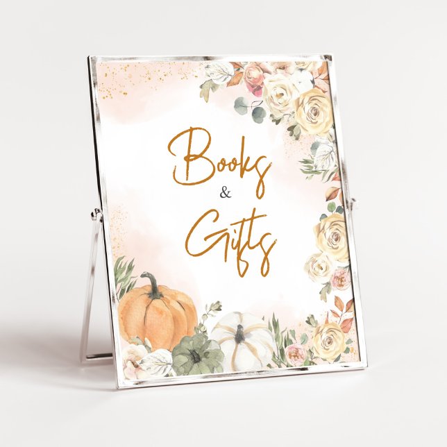 Ein kleines Kürbisfallen Kinderdusche Bücher und G Poster (Fall Floral Pumpkin Baby Shower Books and Gifts Sign)
