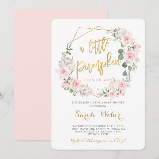 Ein kleines Kürbisfallen rötlich rosa Babydusche M Einladung (Vorne/Hinten)