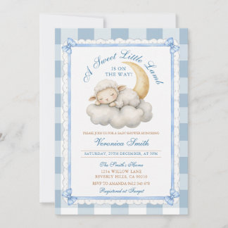 Ein kleines Lamm Süße Babyparty Blau Gingham Einladung