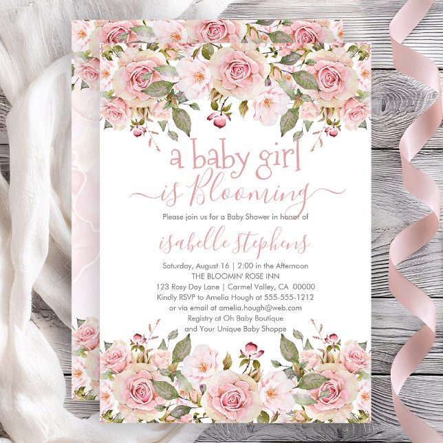 Ein kleines Mädchen blüht die rosa Blütendusche Einladung (A Baby Girl Is Blooming Pink Roses Floral Baby Shower Invitation - Print | Digital Download)