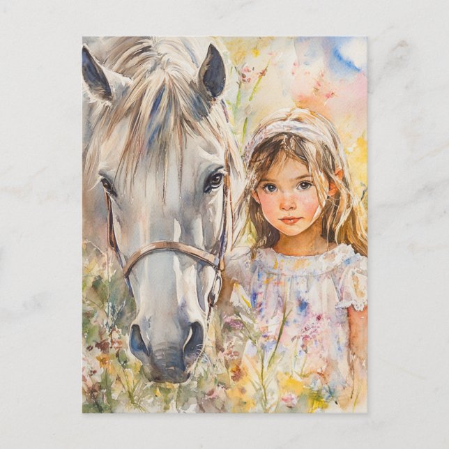 Ein kleines Mädchen mit einem Pferd Postkarte (Vorderseite)