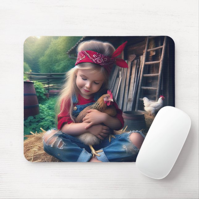 Ein kleines Mädchen umarmt ein Huhn Mousepad (Mit Mouse)