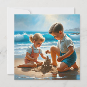 Ein kleines Mädchen und Junge Gebäude a Sandcastle