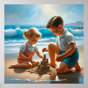 Ein kleines Mädchen und Junge Gebäude a Sandcastle Poster